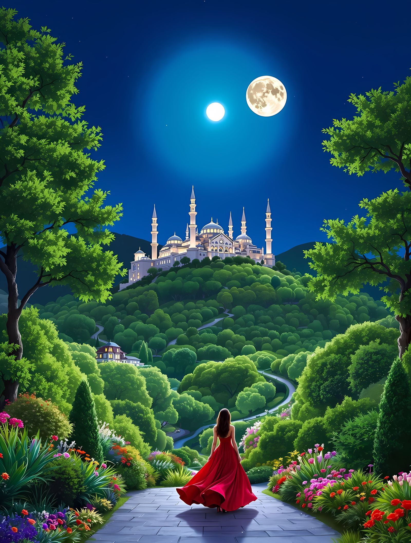 Elegant Woman Under a Full Moonlit Sky