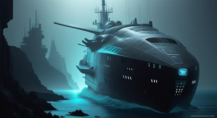 Futuristic Submarine Descending into Dark Ocean
