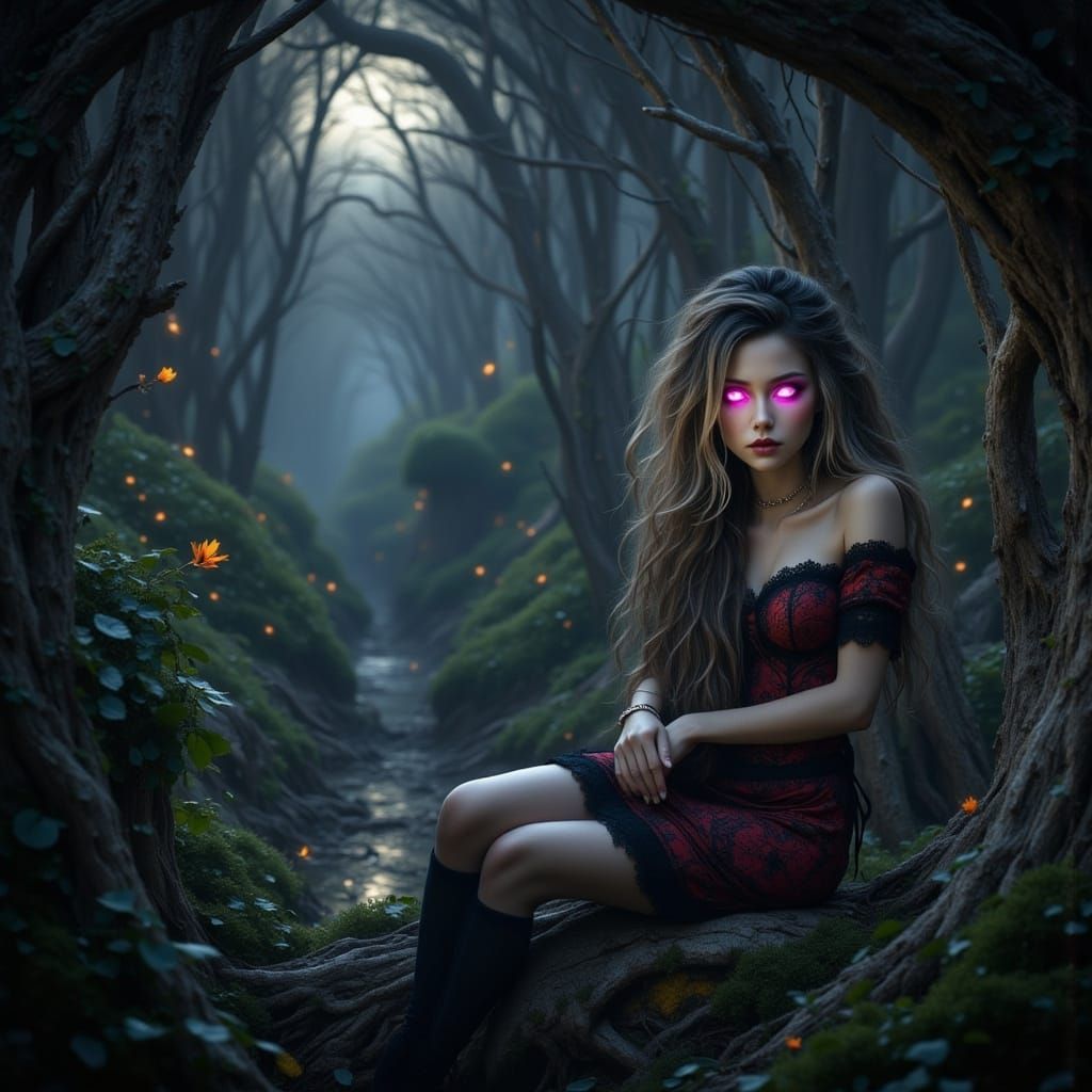 Lost Half-Orc Giantess with Pink Eyes in Underground Depths