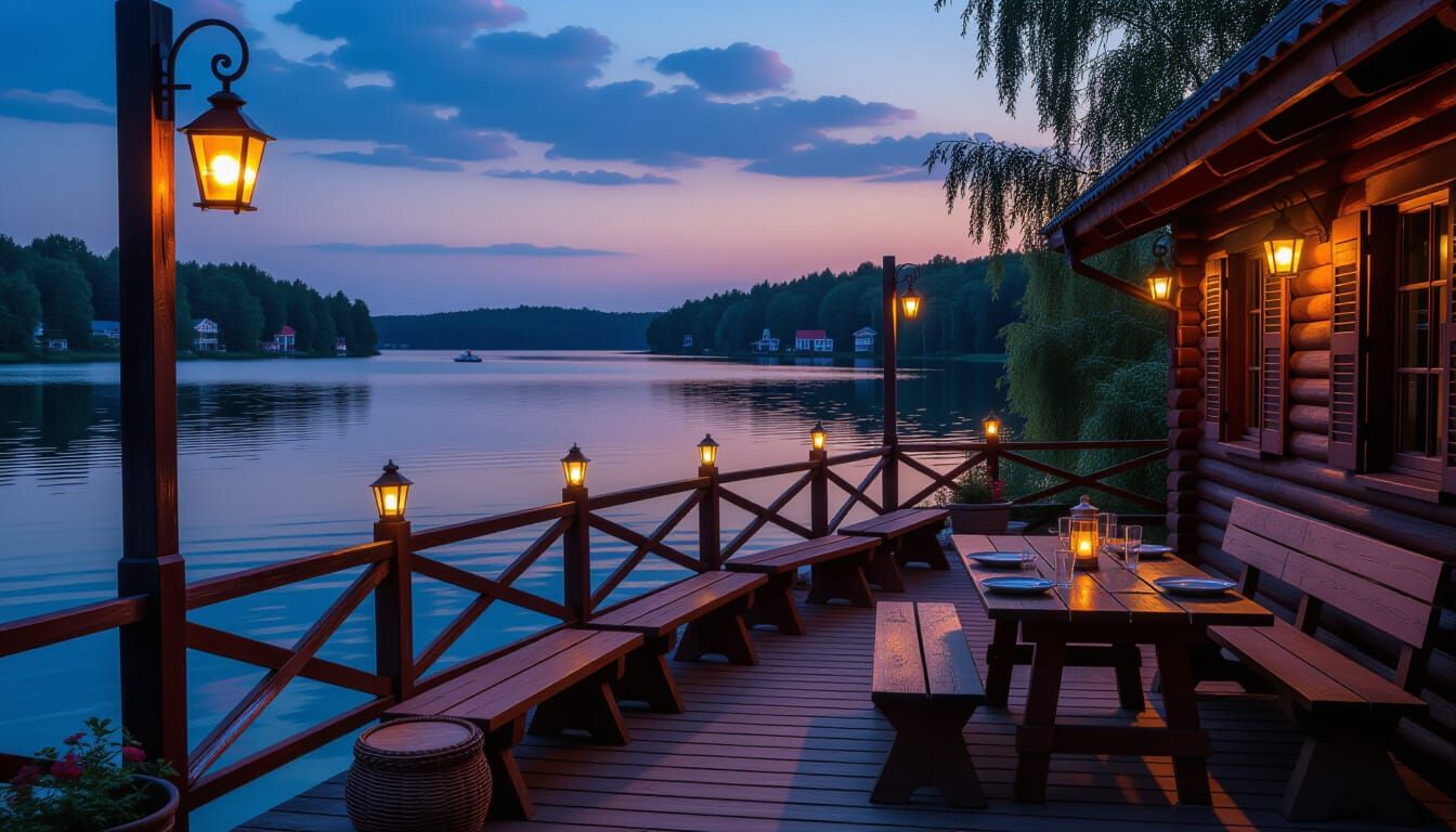 Lakeside Tavern at Dusk in Atmospheric Lighting
