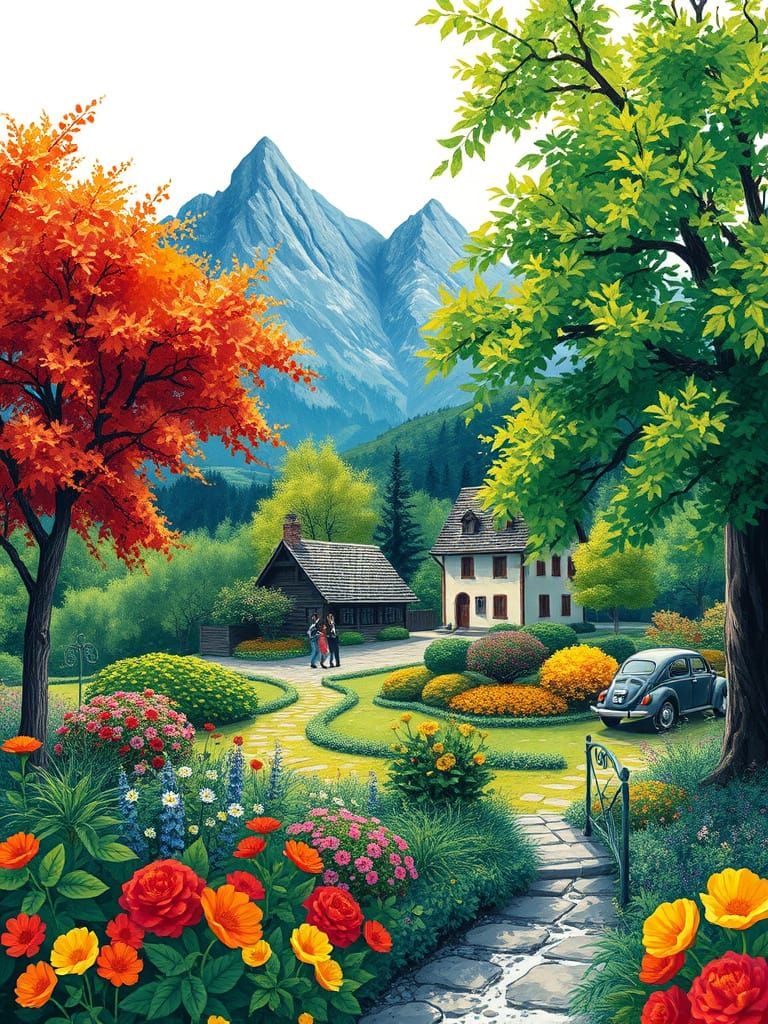 Vibrant Floral Garden Scene with Majestic Mountains and Quai...