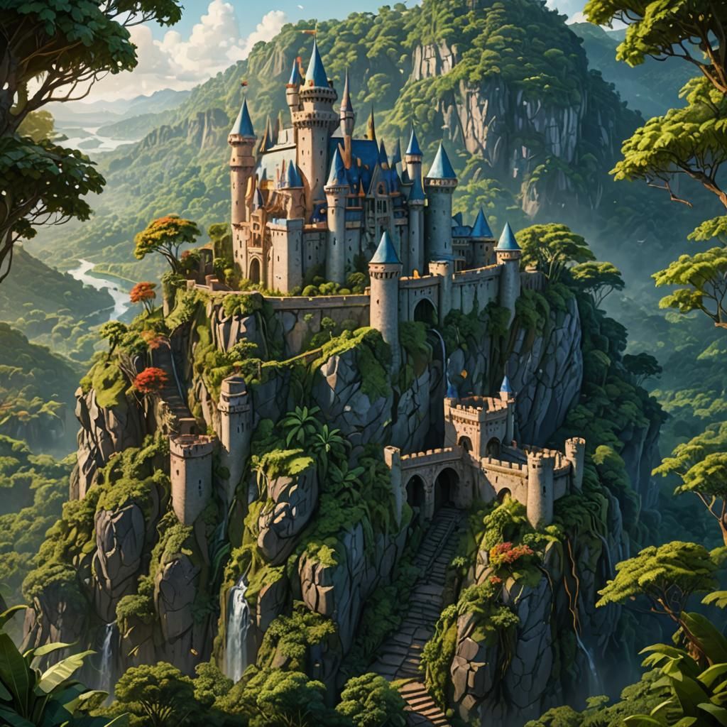 A beautiful castle sitting on a hill over the jungle