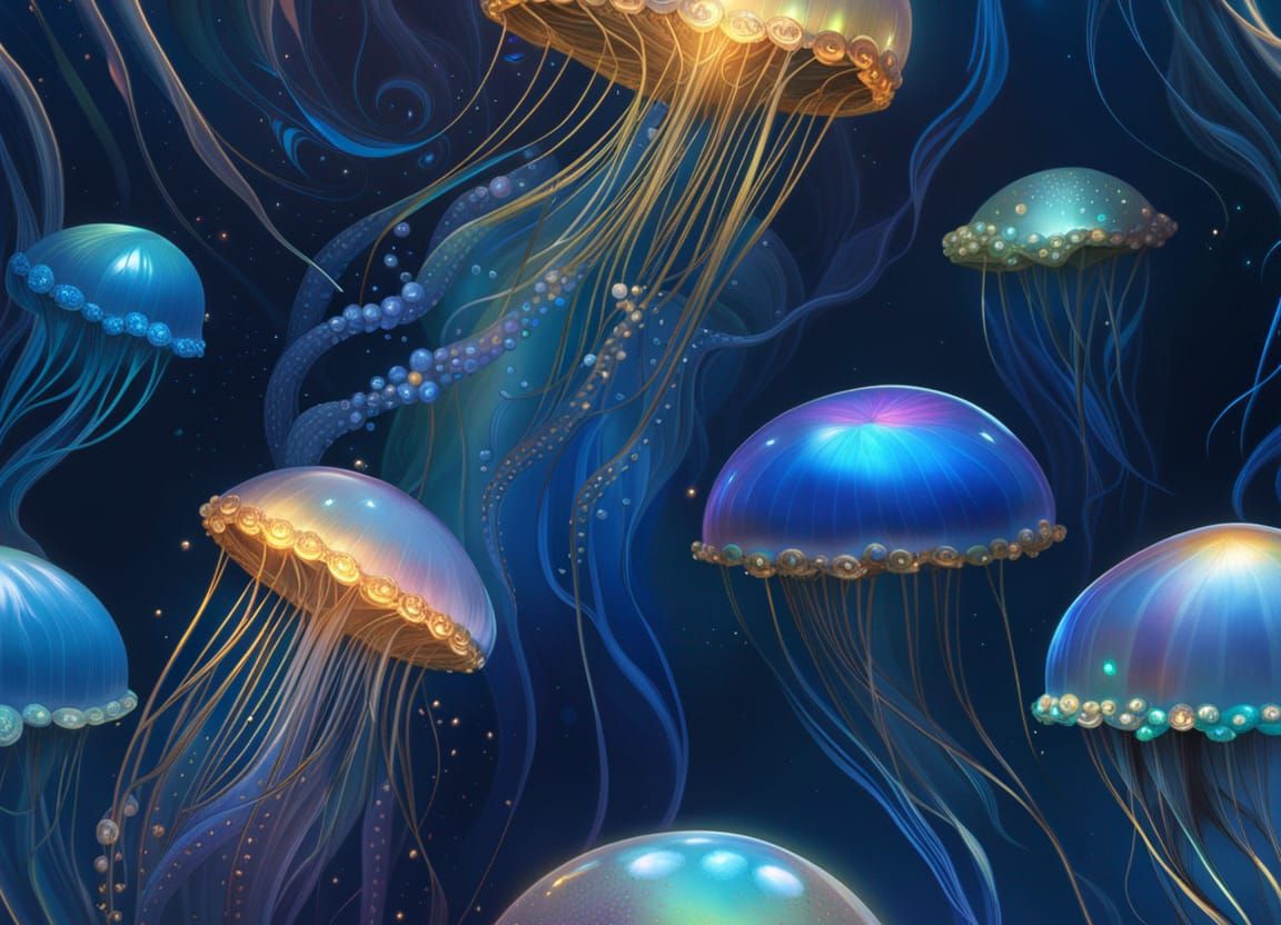 Iridescent Opal Jellyfish in Art Nouveau Style
