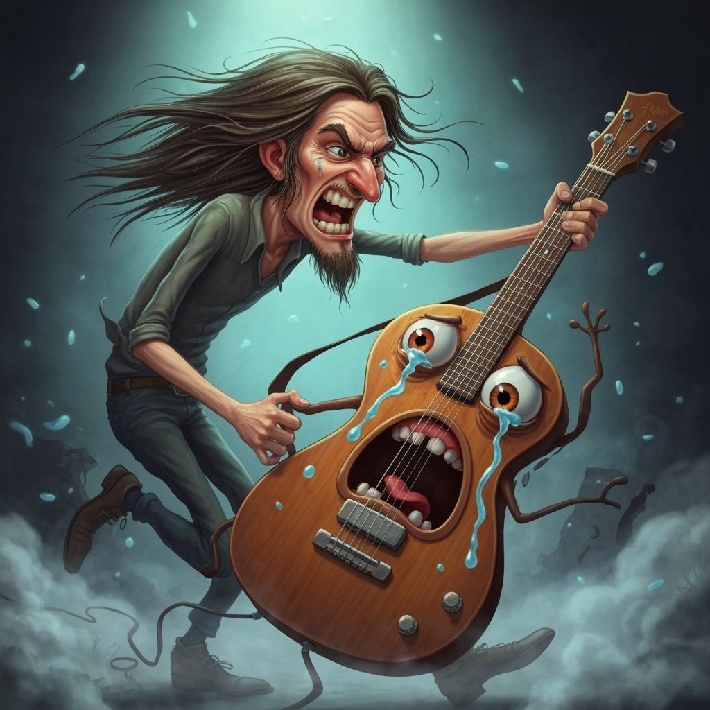 Clueless Guitarist Tortures Crying Guitar in Dark Cartoon Po...