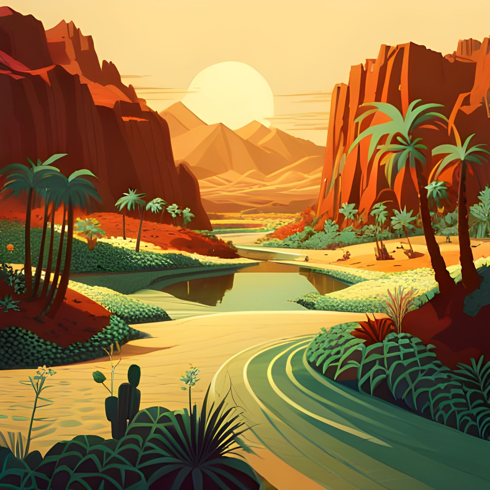 Lush Desert Oasis in Cel-Shaded Elemental Art Style