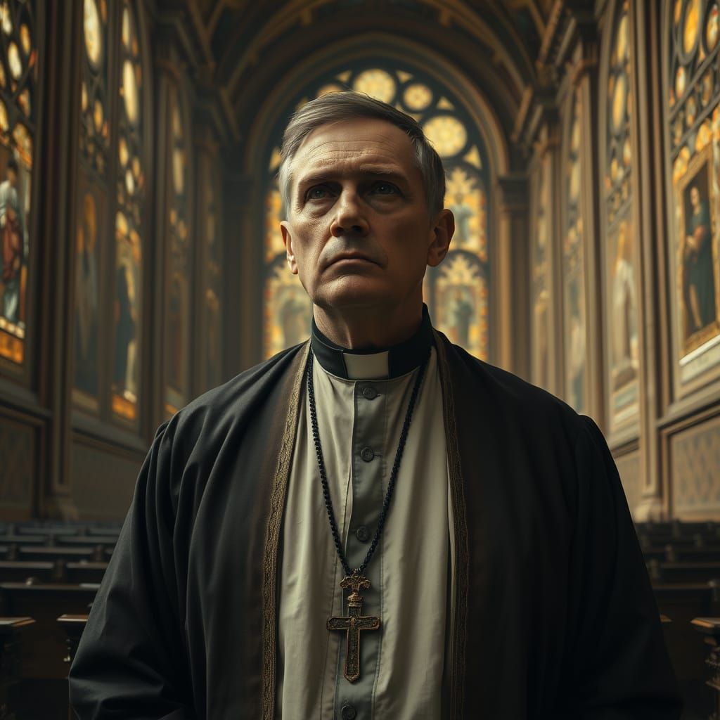 Solemn Priest in Golden Cathedral, Contemplating Scorn and R...