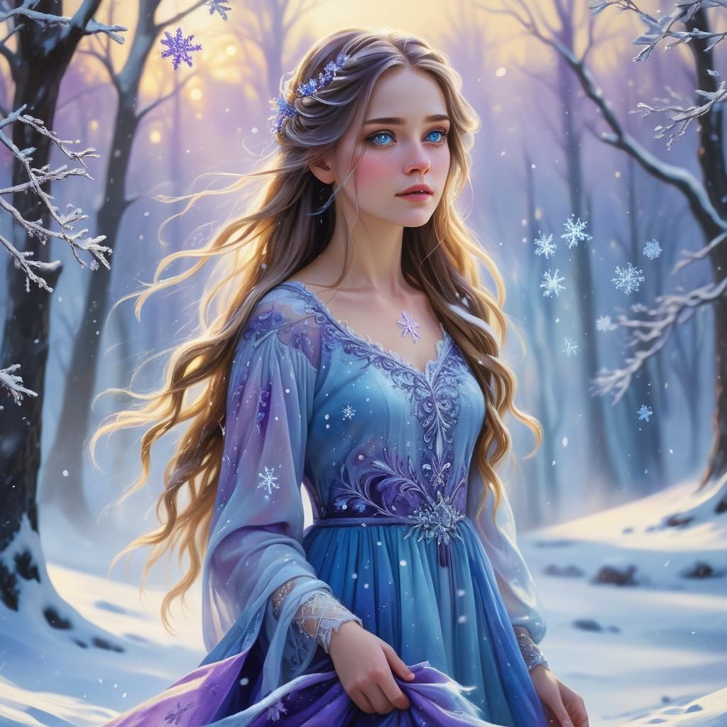 Fantasy Girl with Violet Eyes in Snowy Landscape