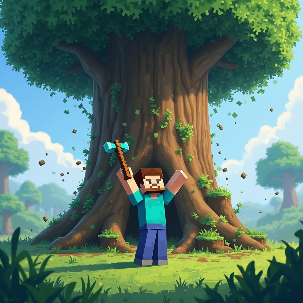 Minecraft Steve Triumphs Over the Largest Tree