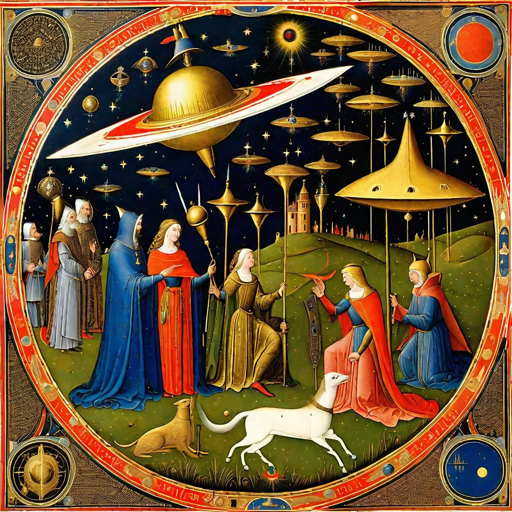 Medieval Sci-Fi UFO in Illuminated Manuscript Style