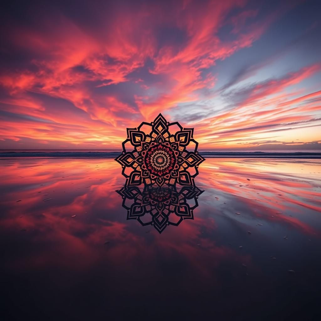 Intricate Mandala Sunset Reflection in Hyperrealism