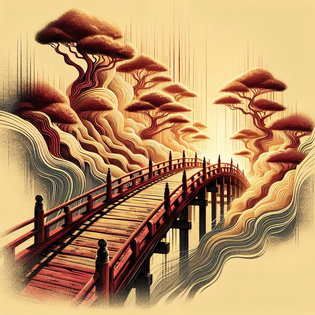 Japanese Art: Red Bridge in Golden Sunlight