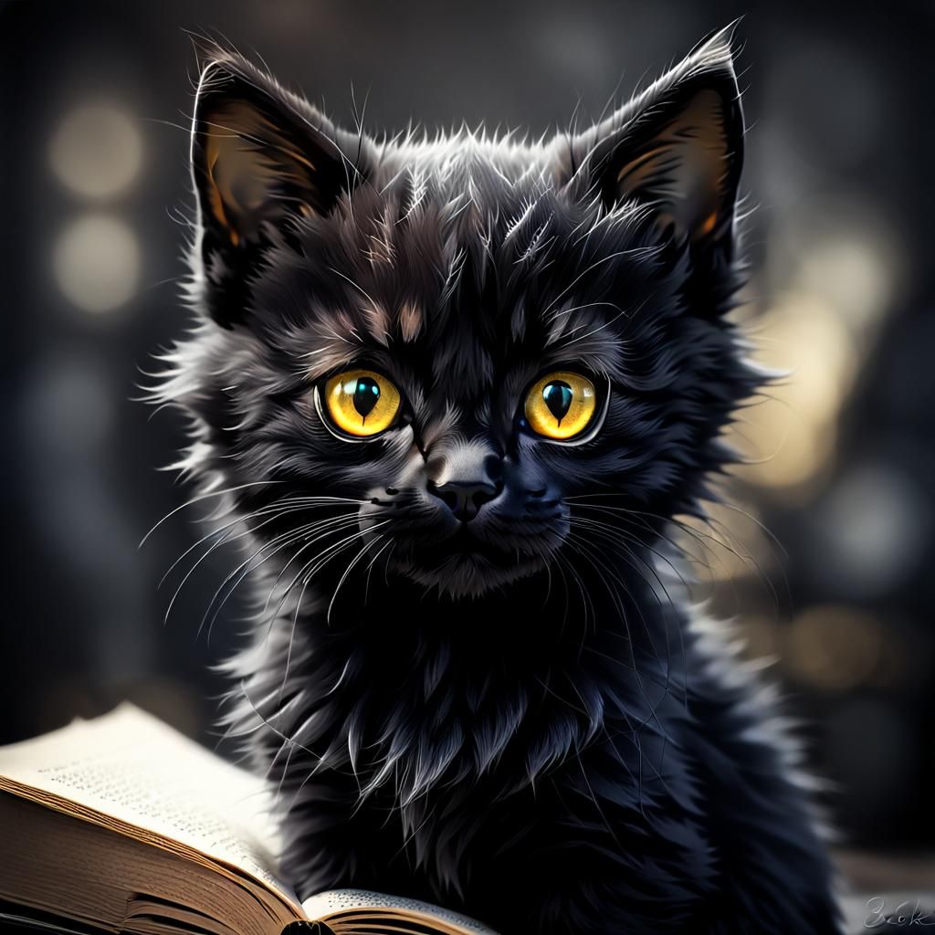 Charming Black Kitten Portrait in Storybook Style