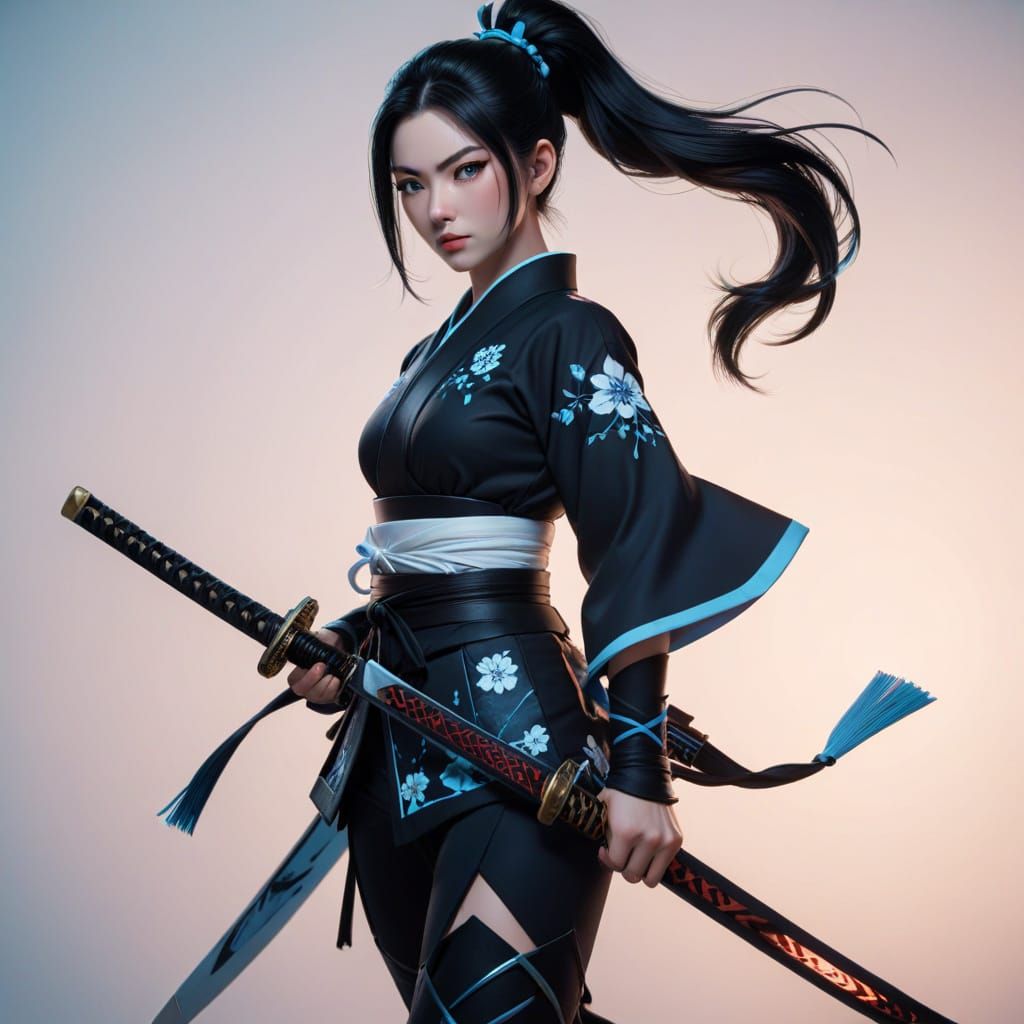 Anime Woman Samurai with Katanas in Hyperrealistic 3D