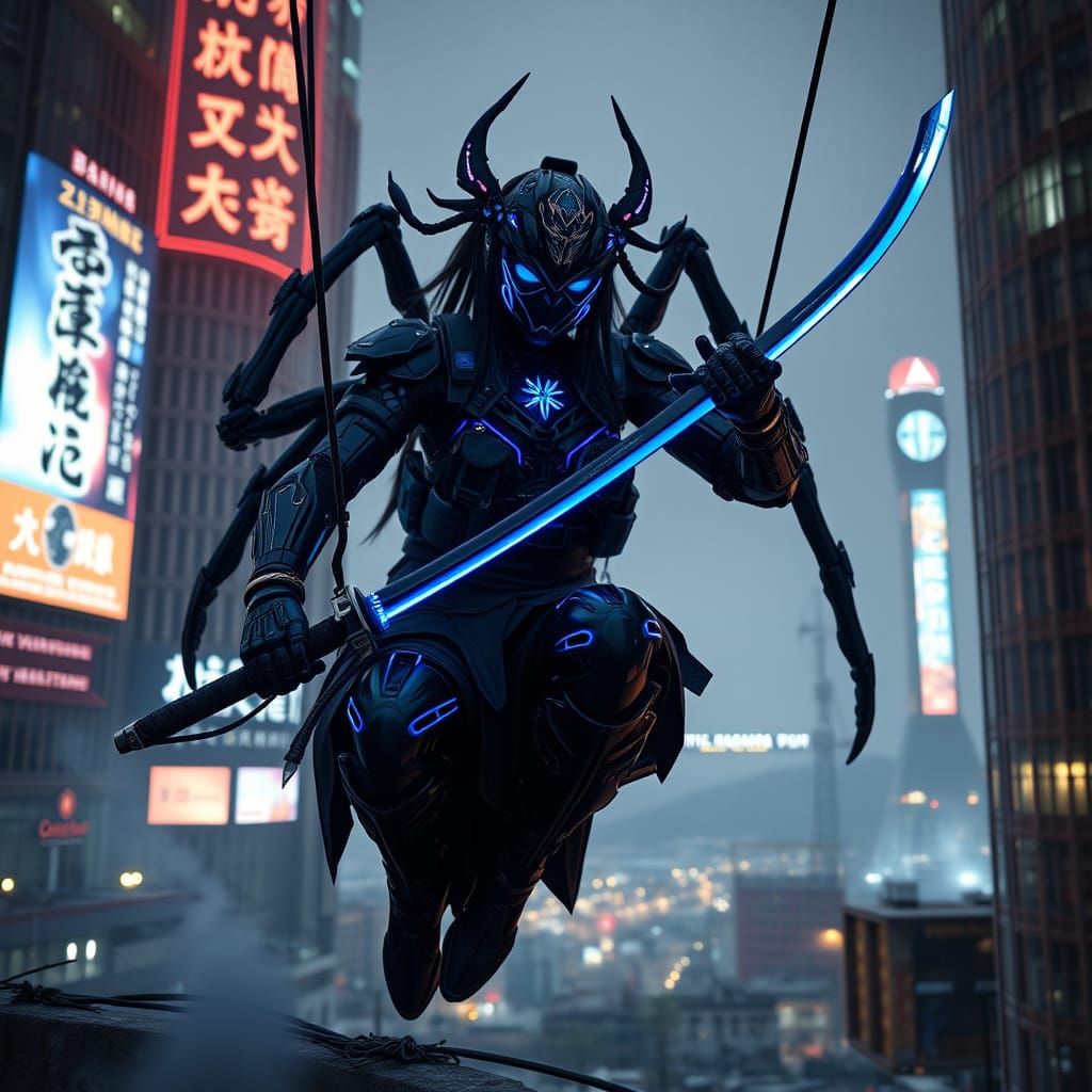 Cyberpunk Spider Girl Dominates Night City Skyscrapers