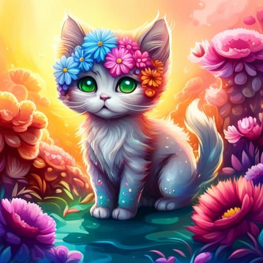 Chibi Cat Adorned with Colorful Flowers in Graffiti Art