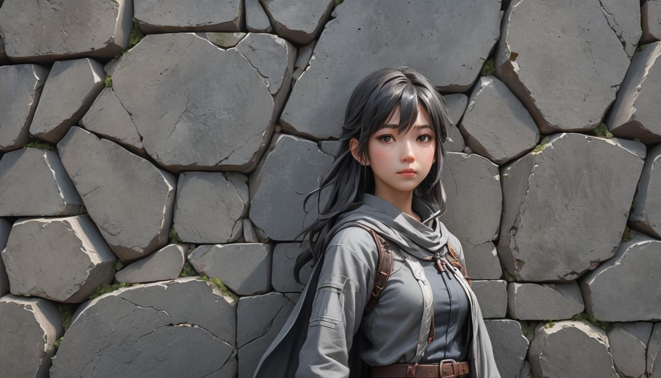 Woman Behind Stone Wall in Anime Style