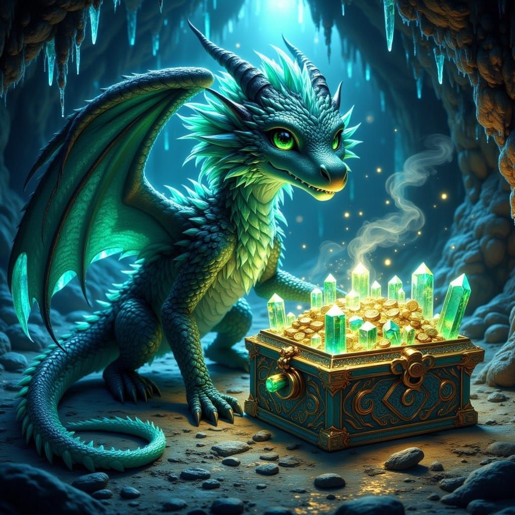 Emerald Dragon Guarding Crystalline Treasure Chest