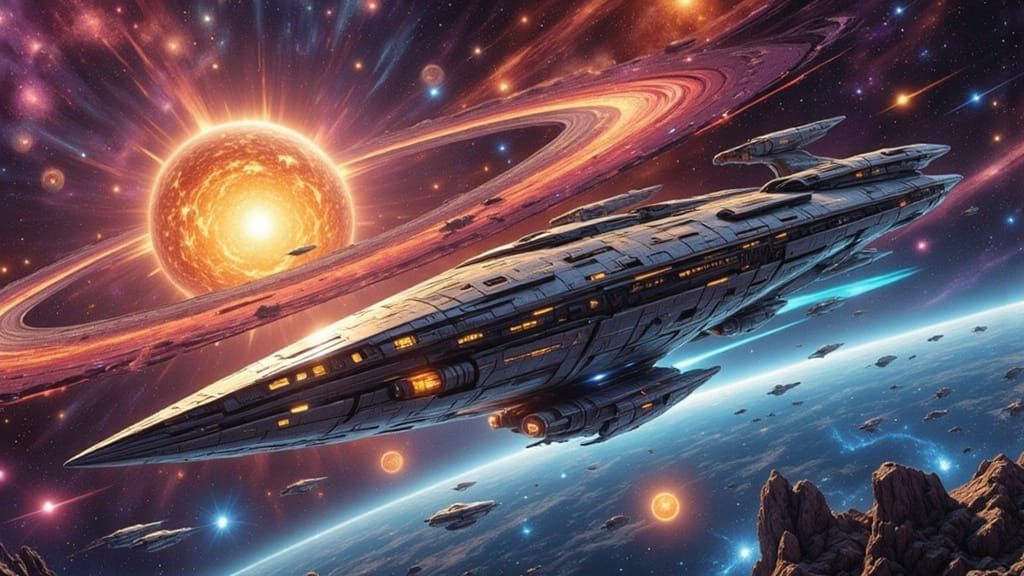 Starship Patrol Approaching Supernova in Sci-Fi Style