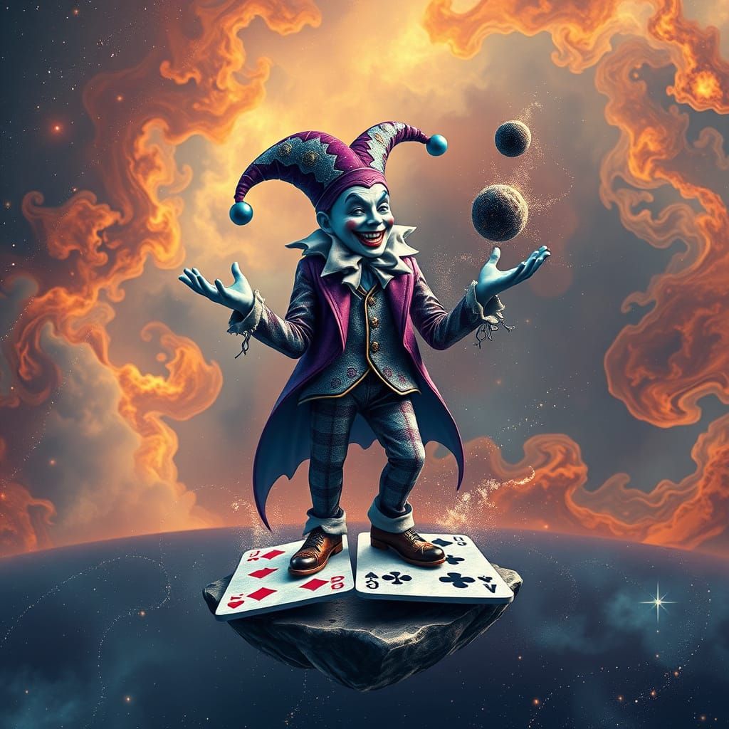 Cosmic Joker Juggling Black Holes in Surreal Space Art