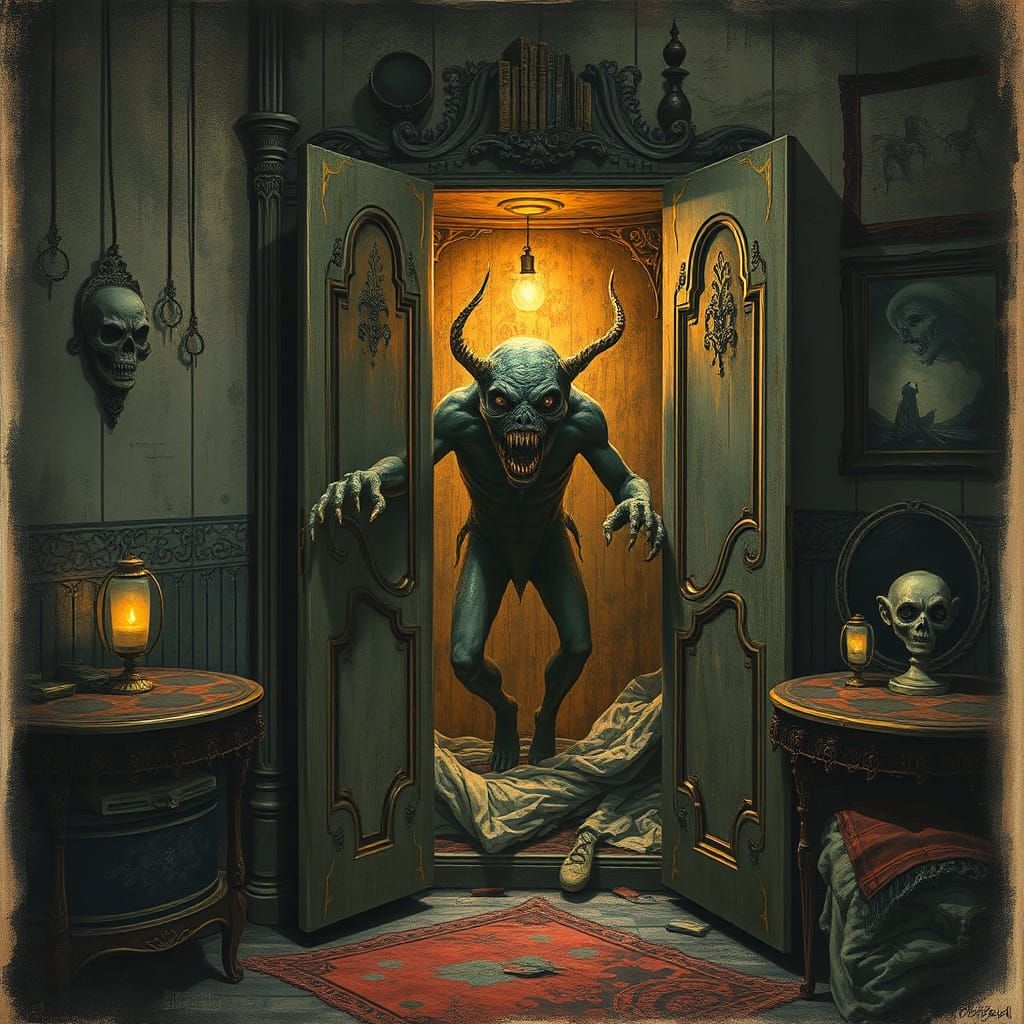 Eerie Creature Emerges in Dystopian Art Deco Bedroom