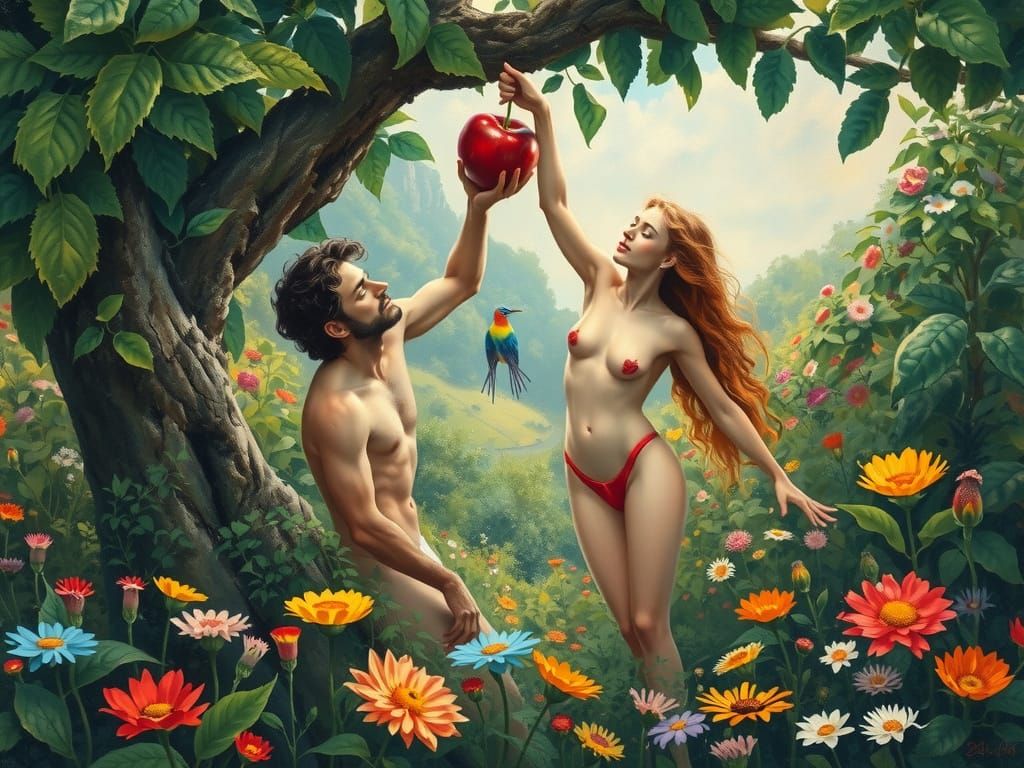 Adam and Eve in Eden's Vibrant Wilderness, Impressionist Sty...
