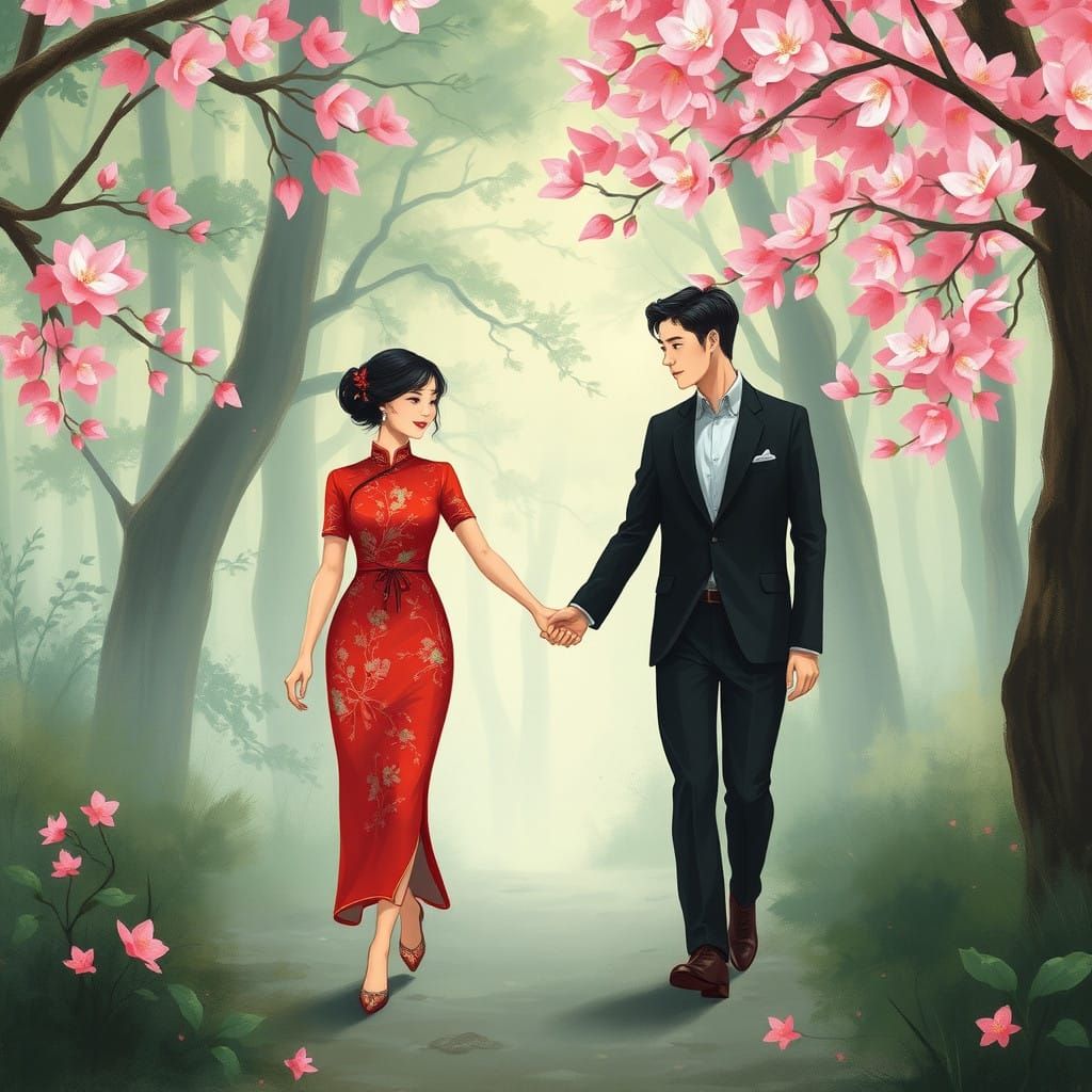 Asian Couple Strolling in a Misty Cherry Blossom Forest