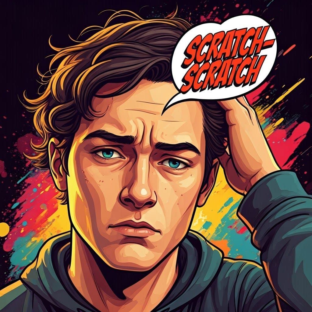 Contemplative Person Scratching Head in Colorful Pop Art