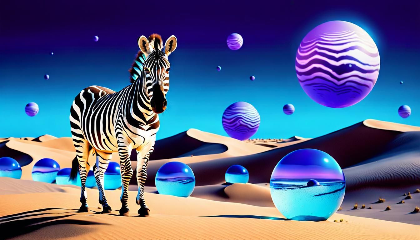 Surreal Desert Zebra with Glowing Orbs