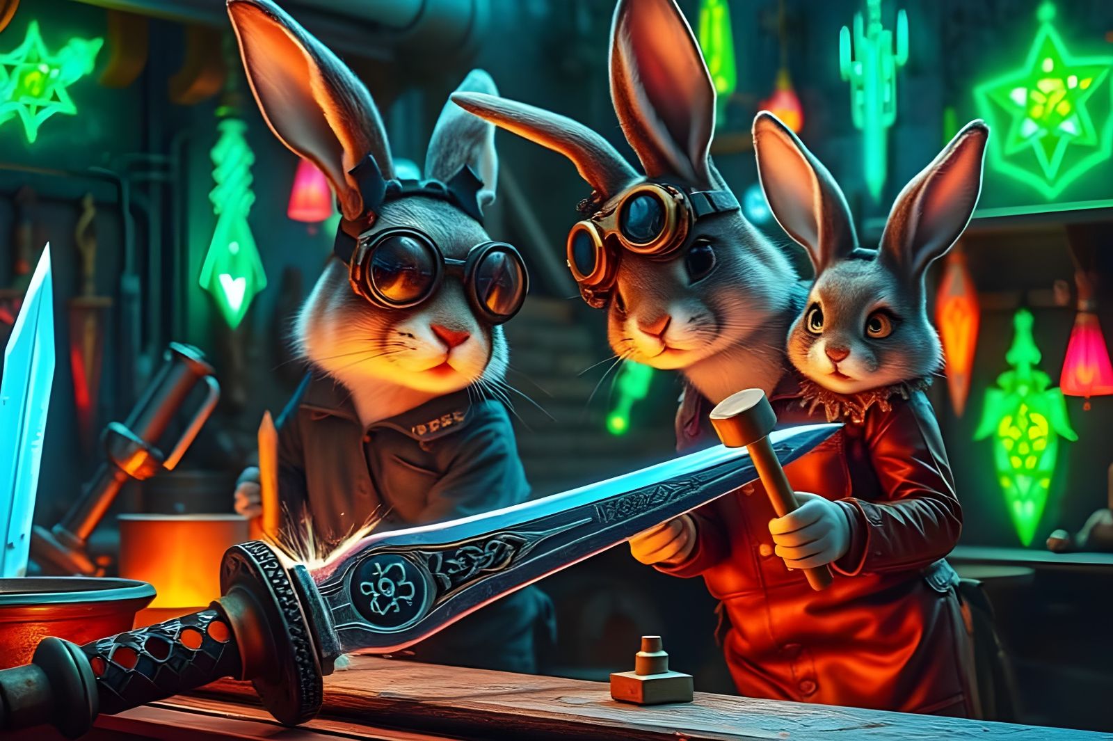 Aetherpunk Bunny Swordsmith in Vibrant Workshop