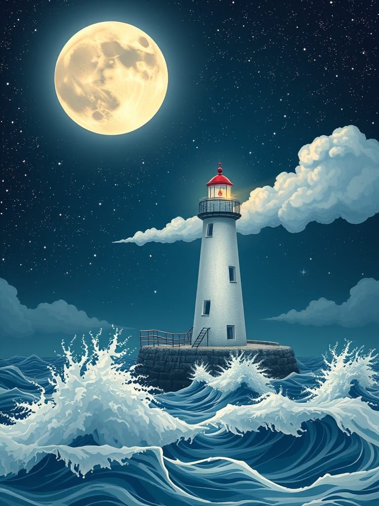 Lighthouse Under Moonlit Stars in Zentangle Sea