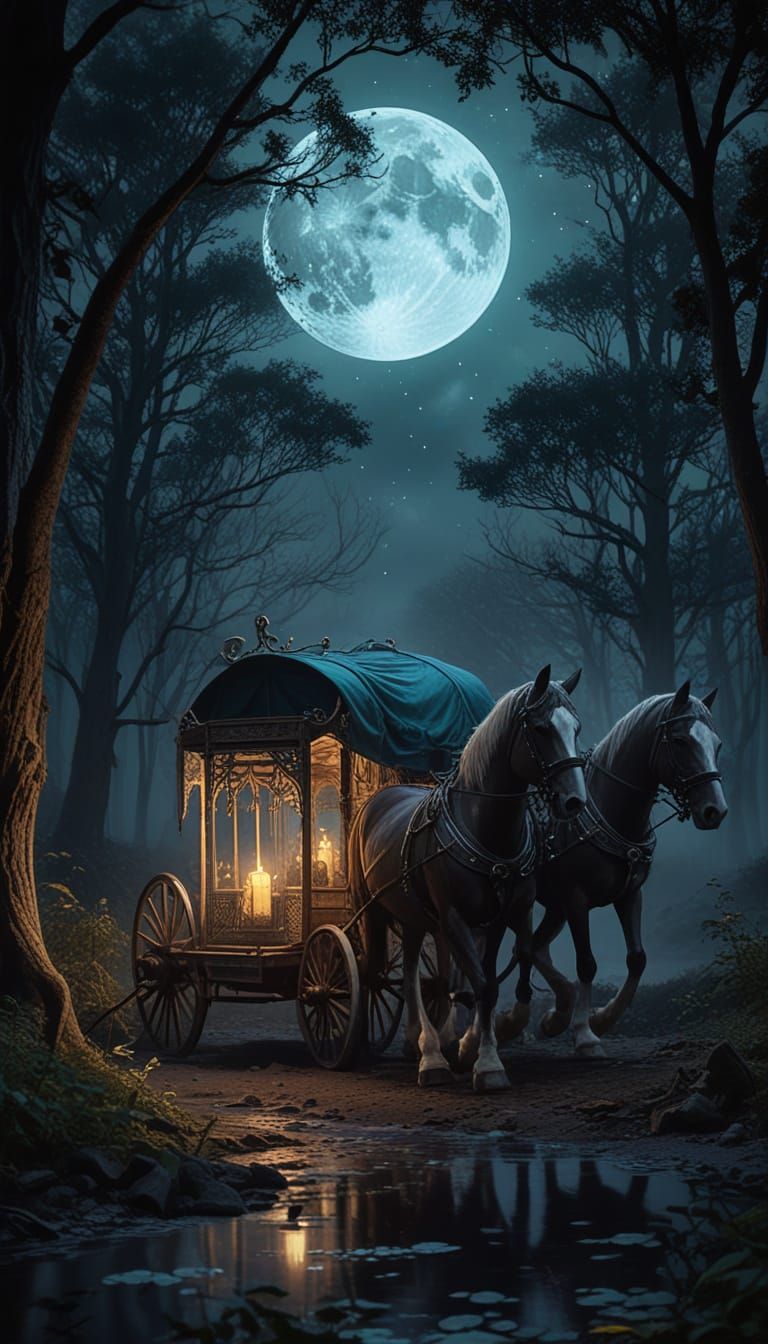 Mystical Witch and Battle Chariot Under Moonlit Night Sky