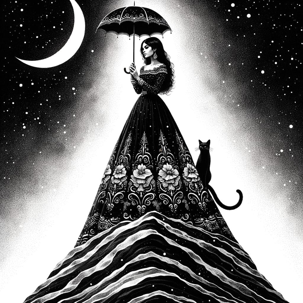 Hispanic Woman with Cat on Moonlit Night