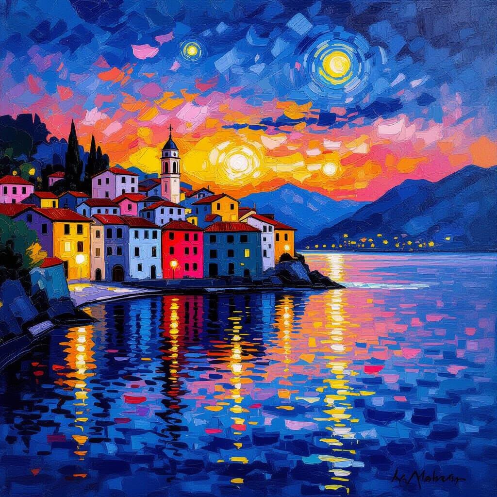 Manarola at Dusk: Impressionistic Village Lights Reflected
