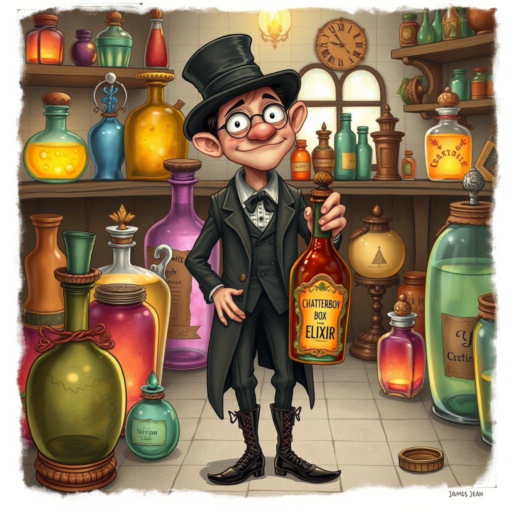 Victorian Whimsy: Chatterbox Elixir in a Colorful Apothecary