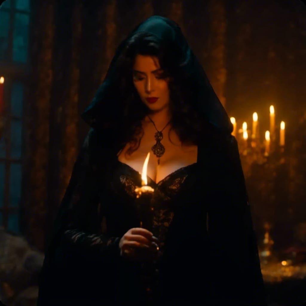Gothic Sorceress in Dark Cabin with Golden Glow