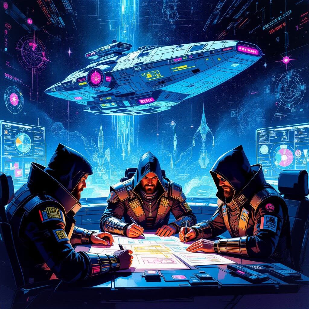 Space Pirates Plan Spaceship Attack in Gouache Painting