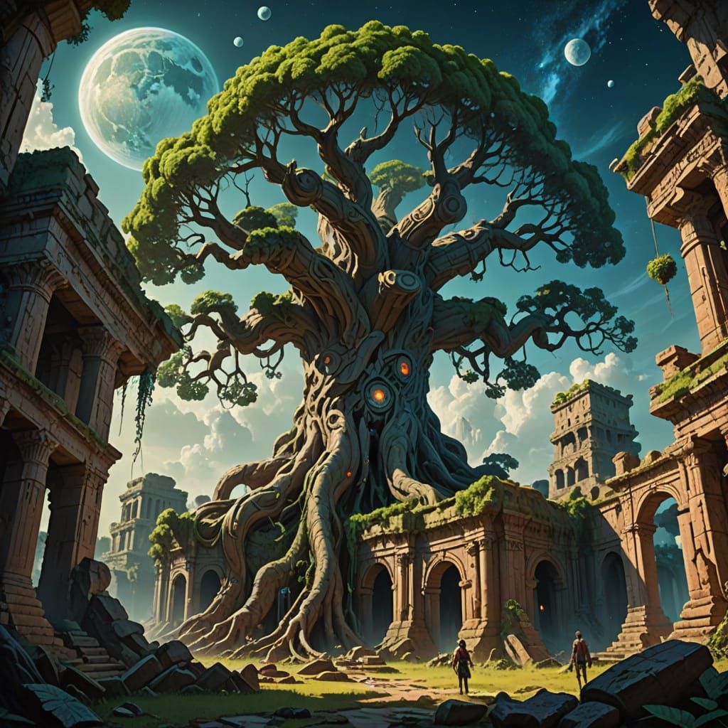 Ancient Tree Roots Overgrown City Ruins in Alien Sky
