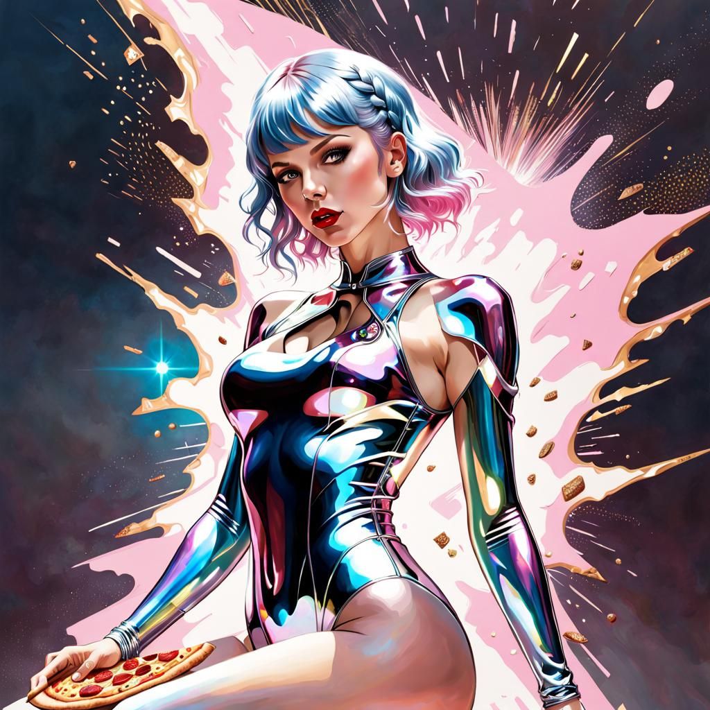 Cyborg Taylor Swift Eats Pizza in Spacecore Style