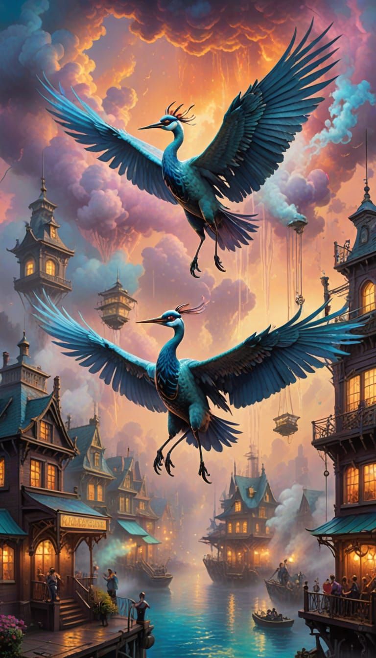 Ethereal Steam Punk Crane Attacked by Neon Mist