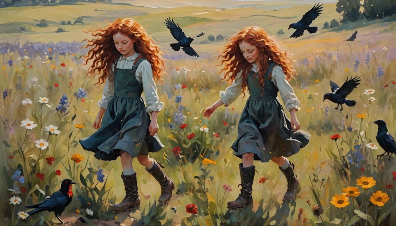 Girl with Crow in Impressionist Flower Meadow