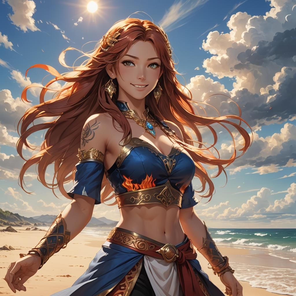 Anime Fire Mage Portrait on a Sunny Beach