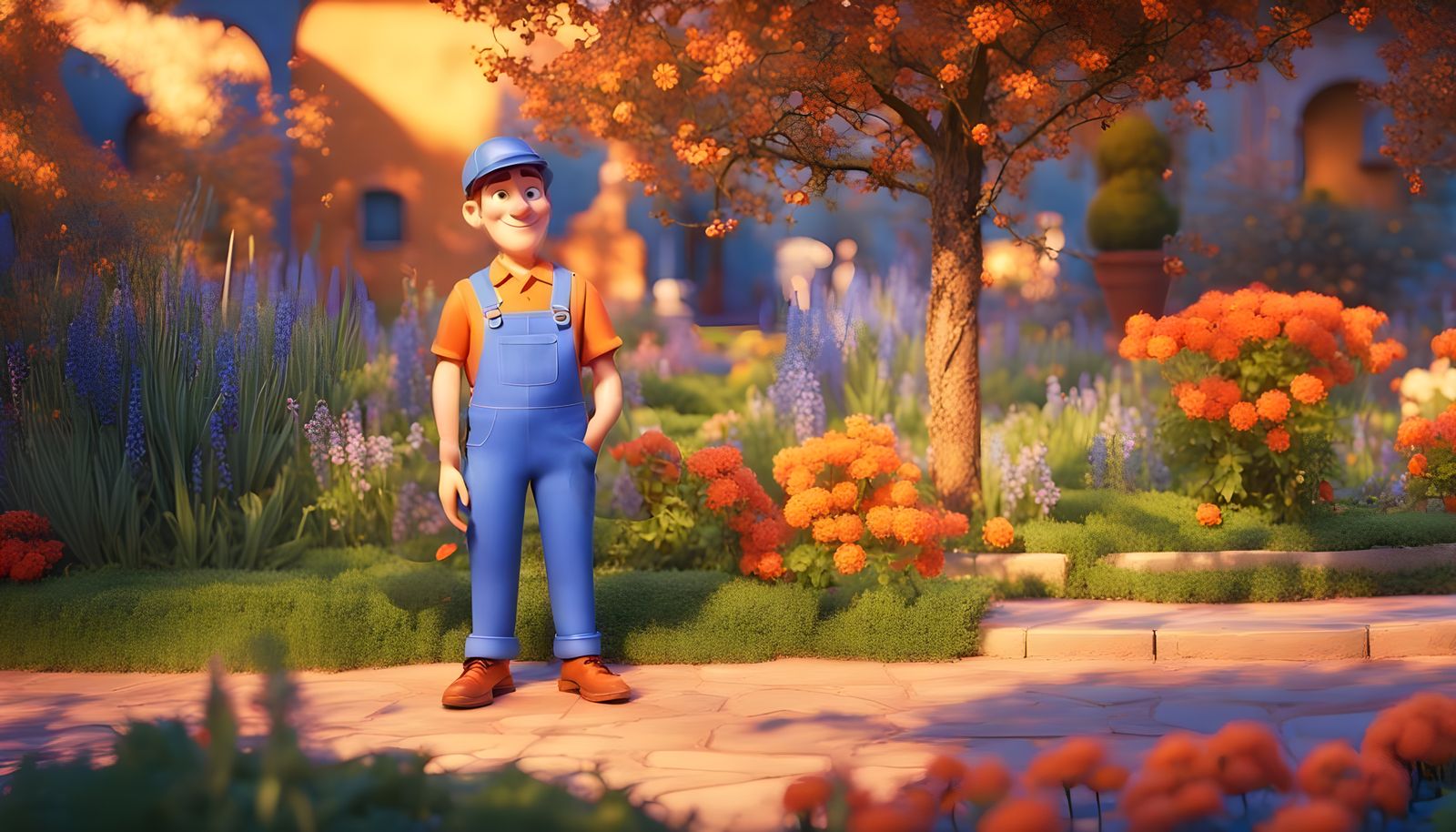 Italian Worker with Flowers in Pixar Style