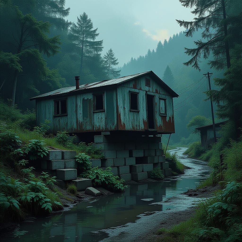 Abandoned Trailer House Amidst Lush Overgrowth