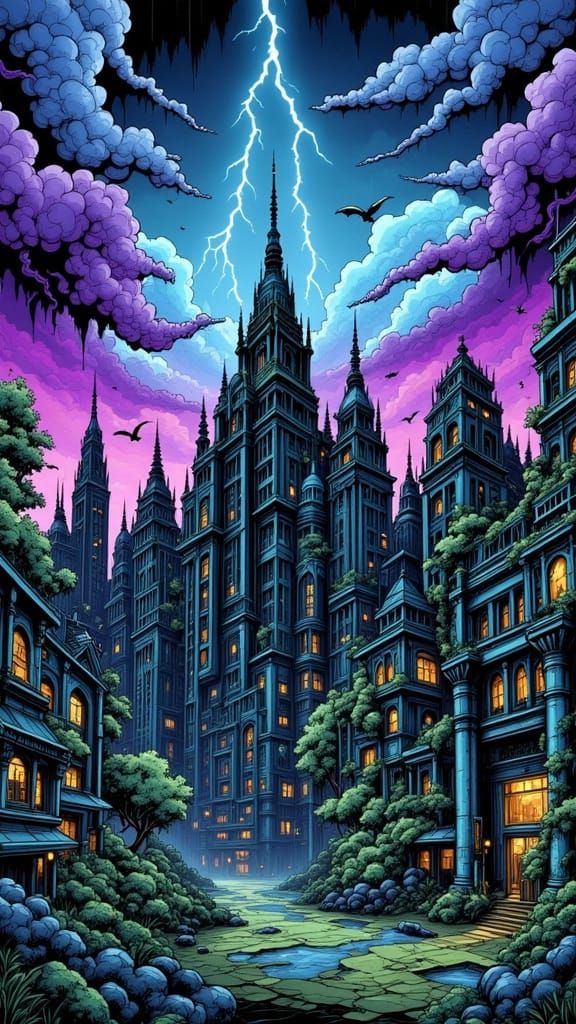 Abandoned Art Deco Cityscape in the Grip of a Fierce Storm