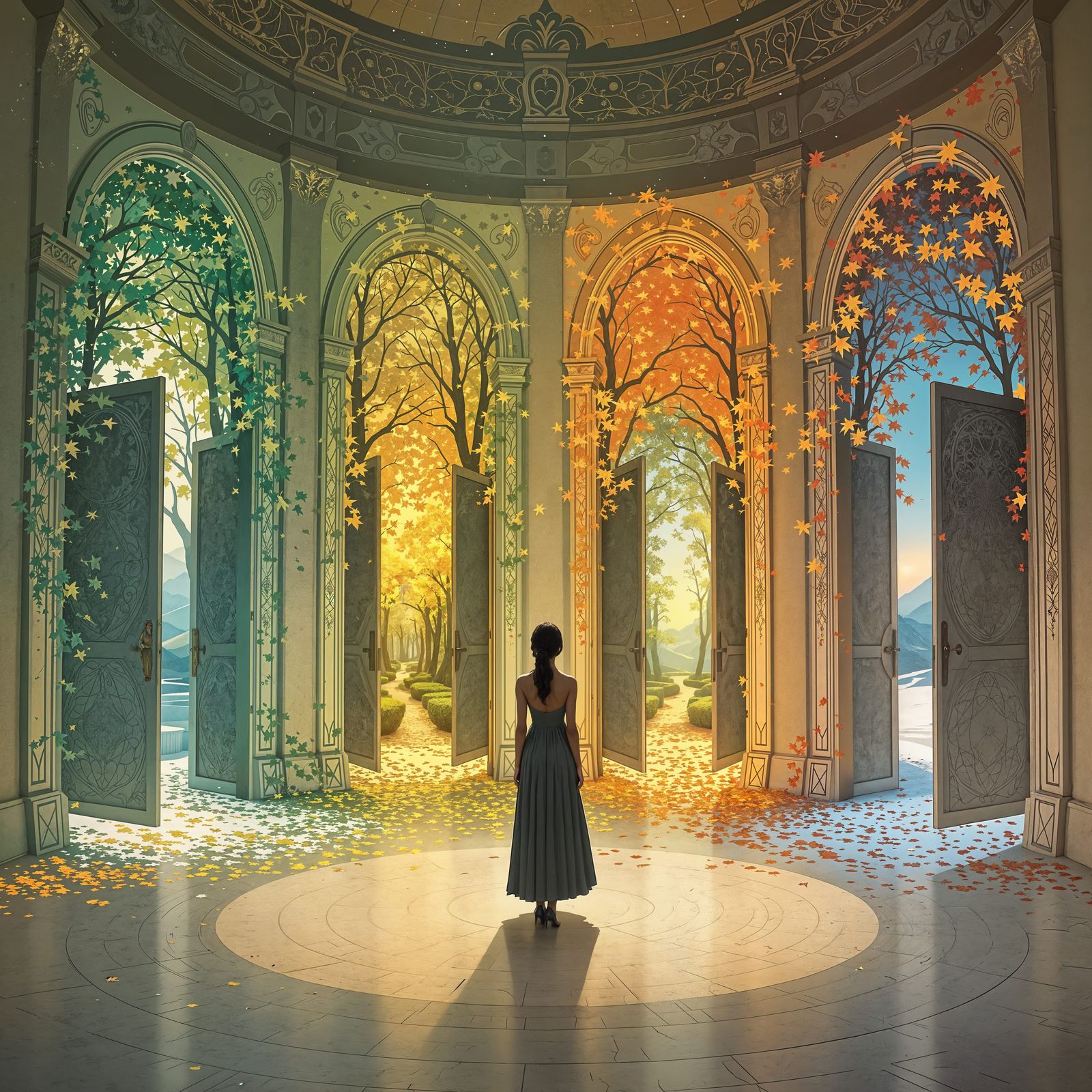 Seasonal Balance Keeper in a Dreamlike Art Nouveau Realm