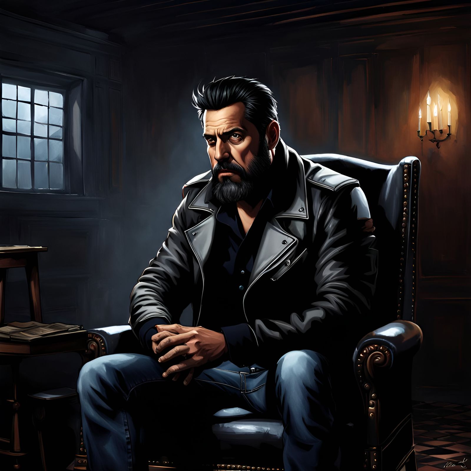 Mysterious Man in Dark Apartment, Splash Art Style