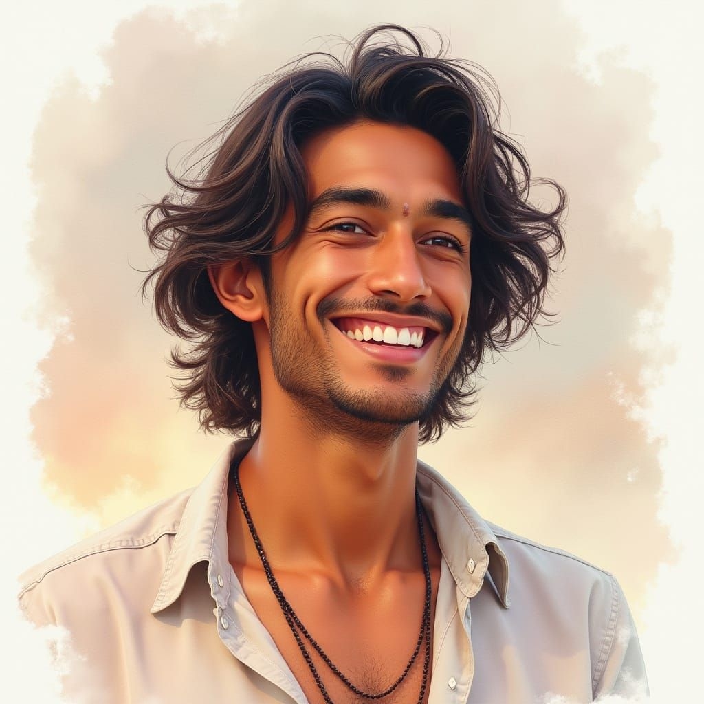 Watercolor Portrait of a Joyful South Asian Man
