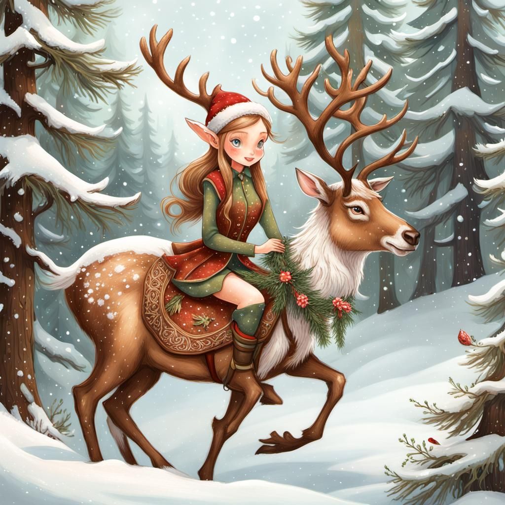 Elf Girl on Reindeer in Snowy Forest Illustration