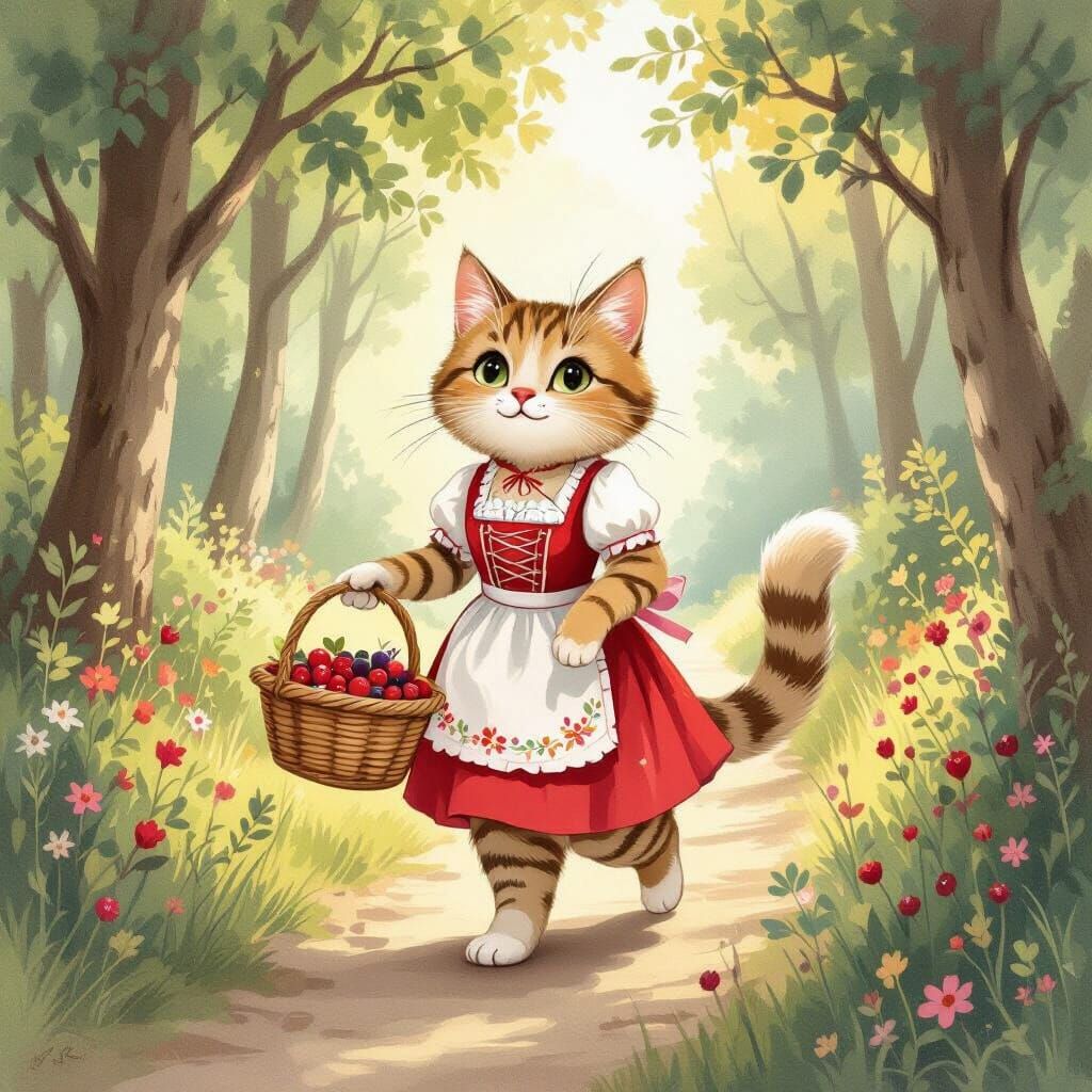 Cat in Dirndl Picking Berries, Storybook Illustration