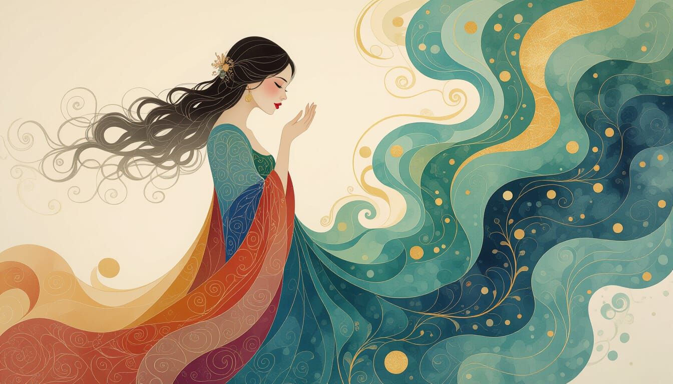 Mysterious Woman in Flowing Dress with Ethereal Mist